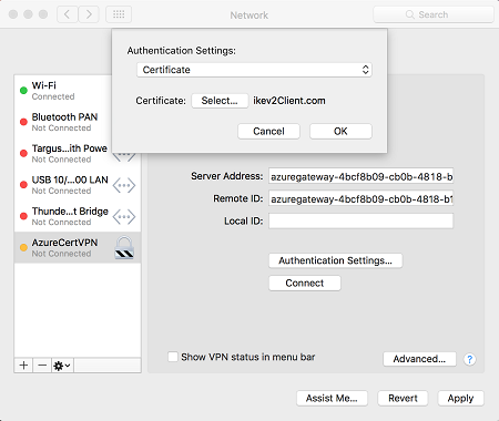 Capture d’écran montrant la sélection d’un certificat pour l’authentification.