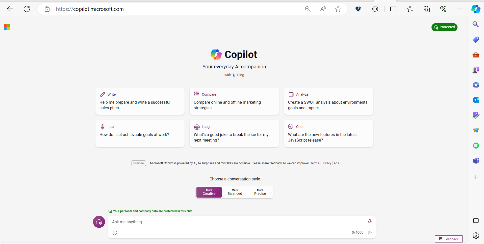 Capture d’écran de Microsoft 365 Copilot Chat entreprise.