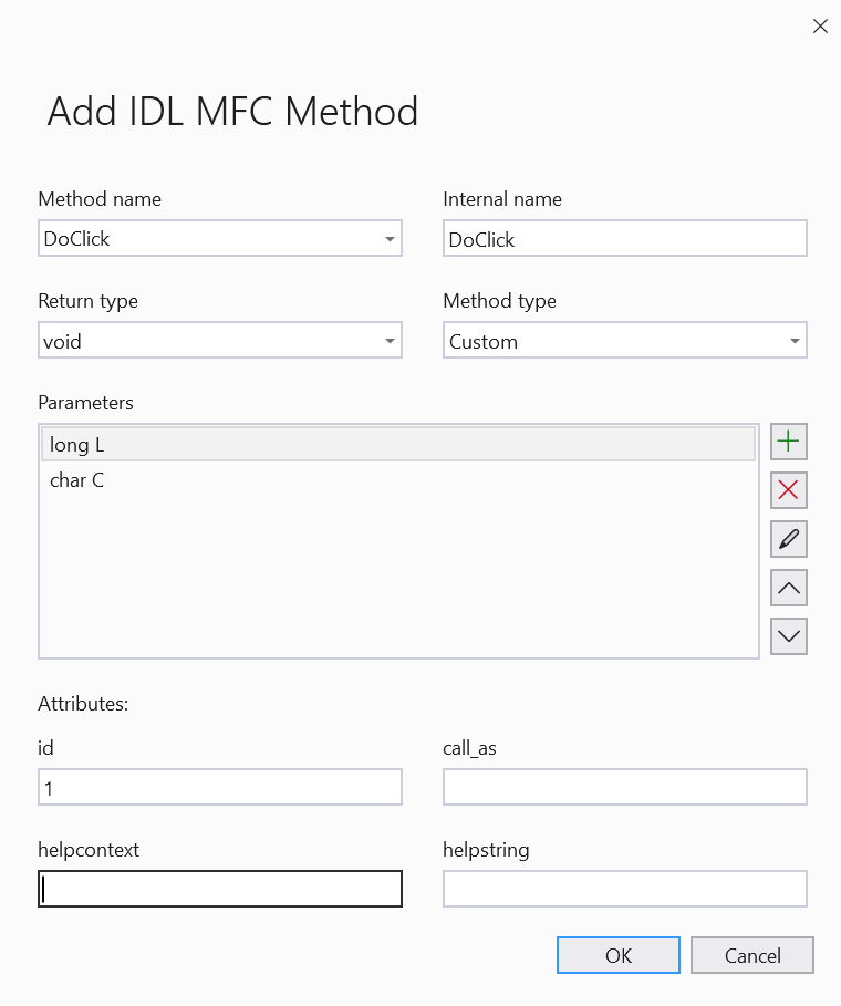 Interface utilisateur de l’Assistant. Nom de la méthode&nbsp;:DoClick, nom interne&nbsp;:DoClick, Type de retour&nbsp;:void, Type de méthode&nbsp;:custom, Parameters&nbsp;:long l, char C, Attributs ID&nbsp;:1.