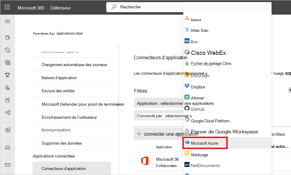 Capture d’écran montrant le connecteur Azure dans le portail Defender.