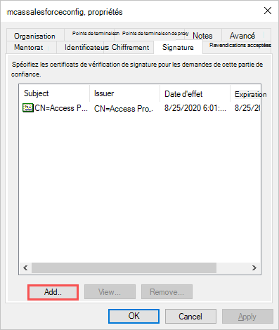 Mettez à jour les propriétés de signature d’approbation de confiance certificat SAML.
