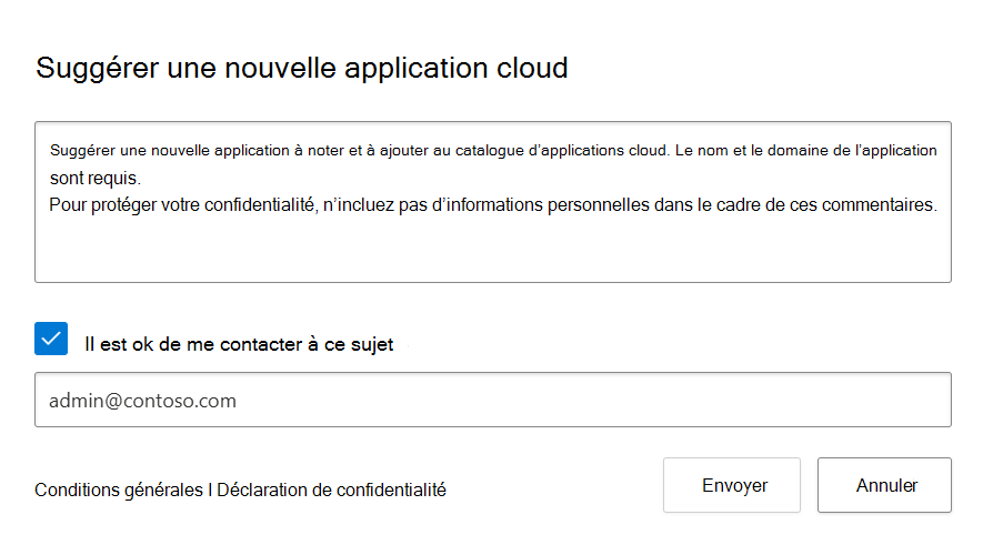 Capture d’écran montrant la fenêtre contextuelle Suggérer une nouvelle application 