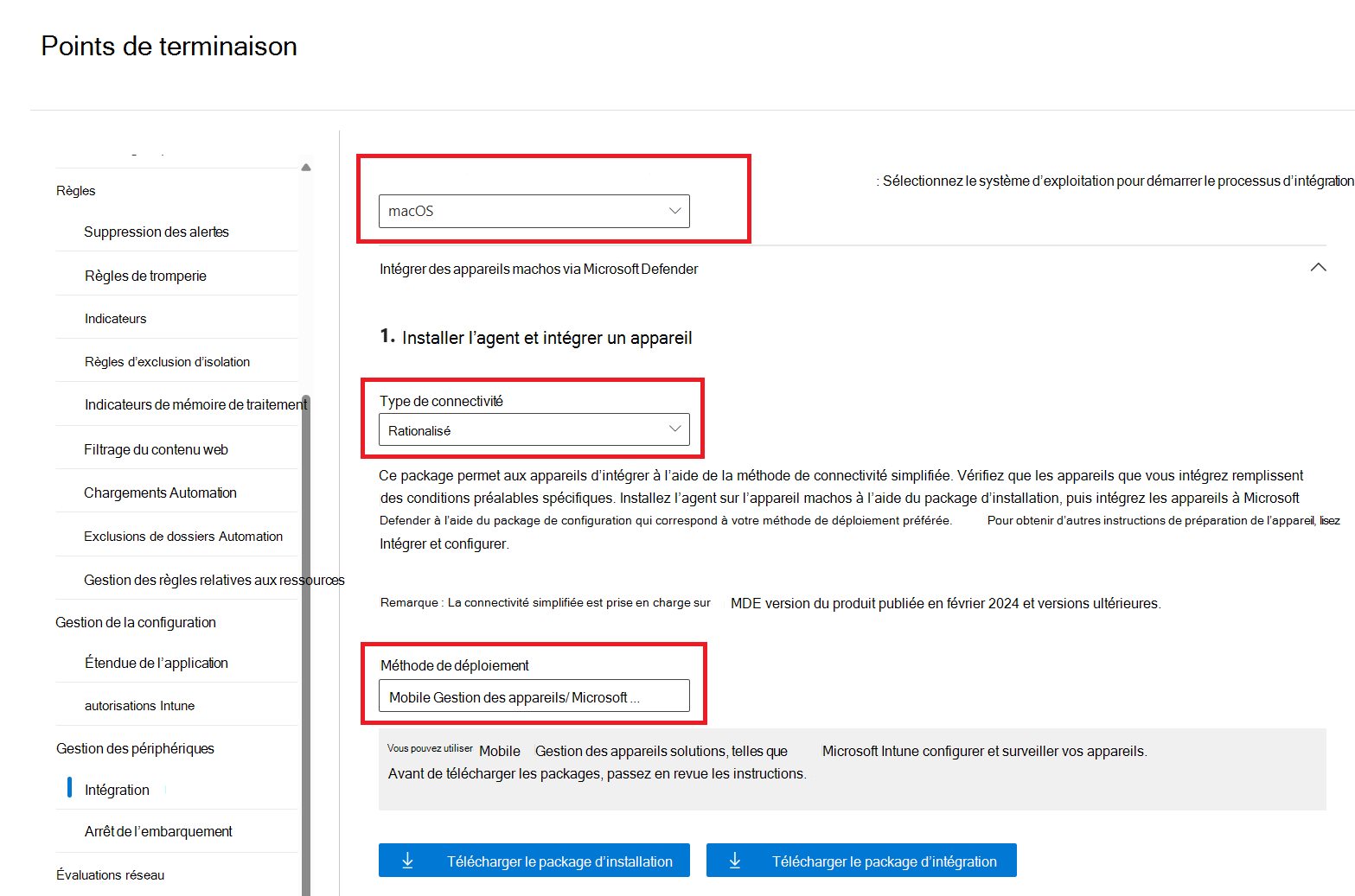 Capture d’écran de la page Intégration avec la méthode de déploiement Mobile Gestion des appareils/ Microsoft Intune mise en évidence.