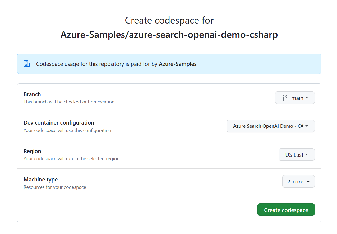 Capture d’écran de l’écran de confirmation avant la création d’un codespace.