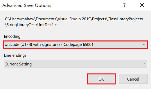 boîte de dialogue Options avancées de sauvegarde de Visual Studio