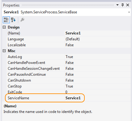 WindowsService_ServiceName Définissez la propriété ServiceName.