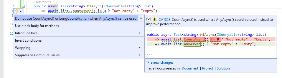 Correctif de code pour CA1828&nbsp;: N’utilisez pas CountAsync() ou LongCountAsync() quand AnyAsync() peut être utilisé