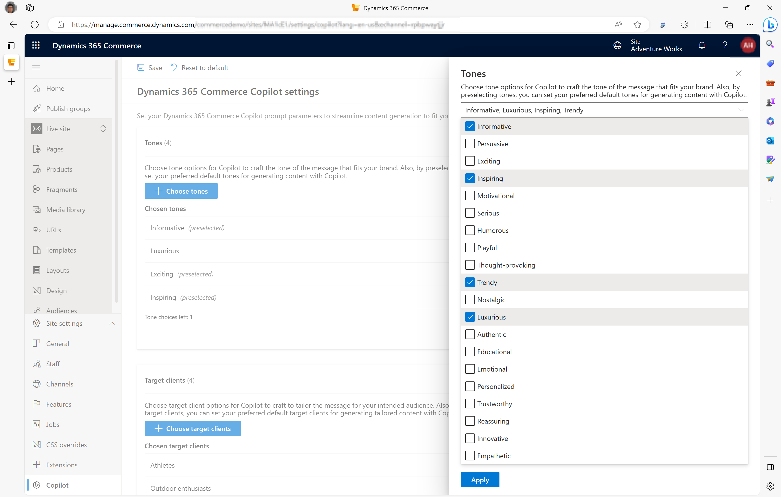Capture d’écran du menu volant Tones dans le générateur de sites.