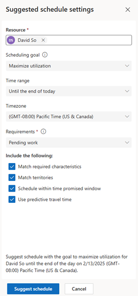 Screenshot des paramètres de planification suggérés utilisés par l’Agent d’opérations de planification dans Dynamics 365 Field Service.