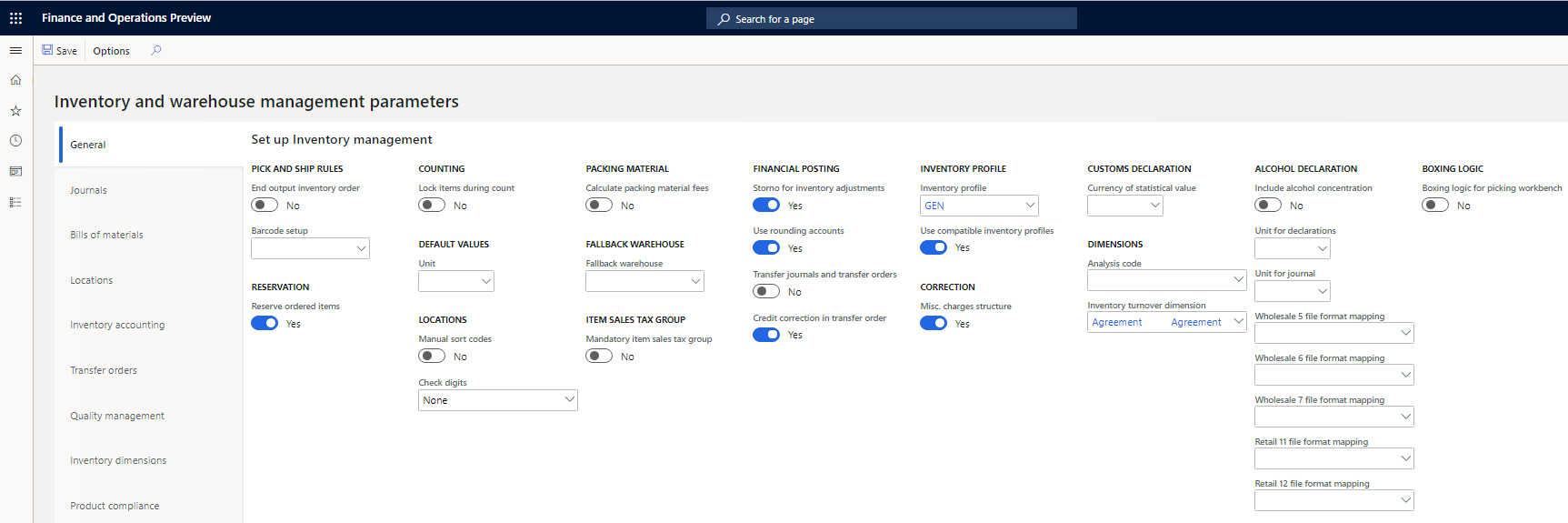 Inventory and warehouse management parameters page, General tab.