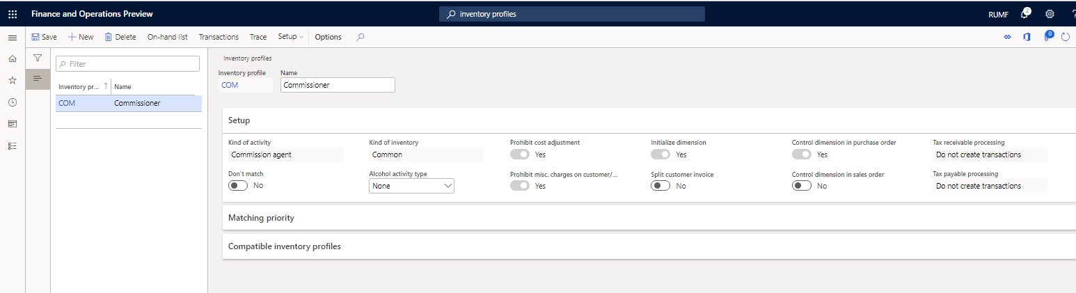 Inventory profiles page.