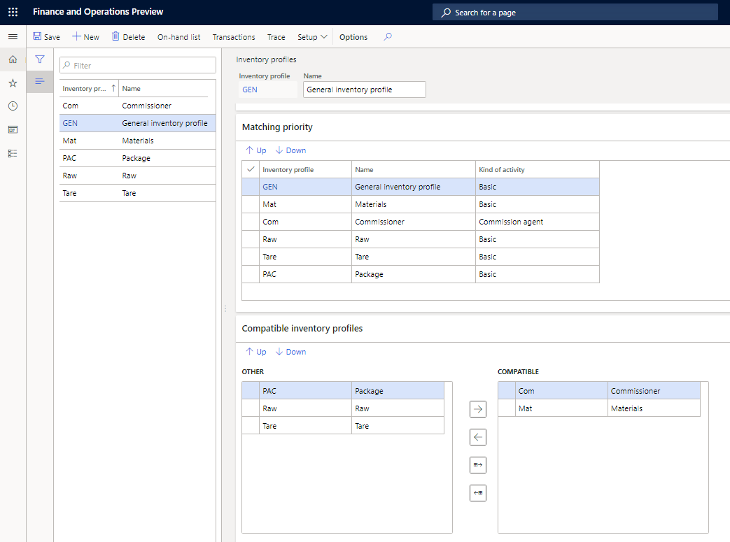 Inventory profile page, Compatible inventory profiles FastTab.