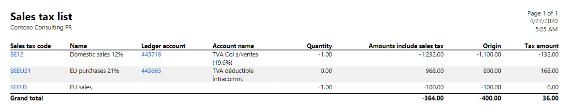 État généré de la liste de taxe.