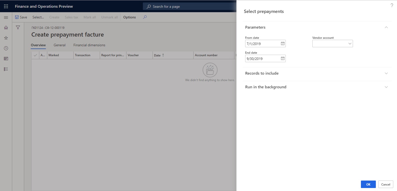 Select prepayments dialog box.