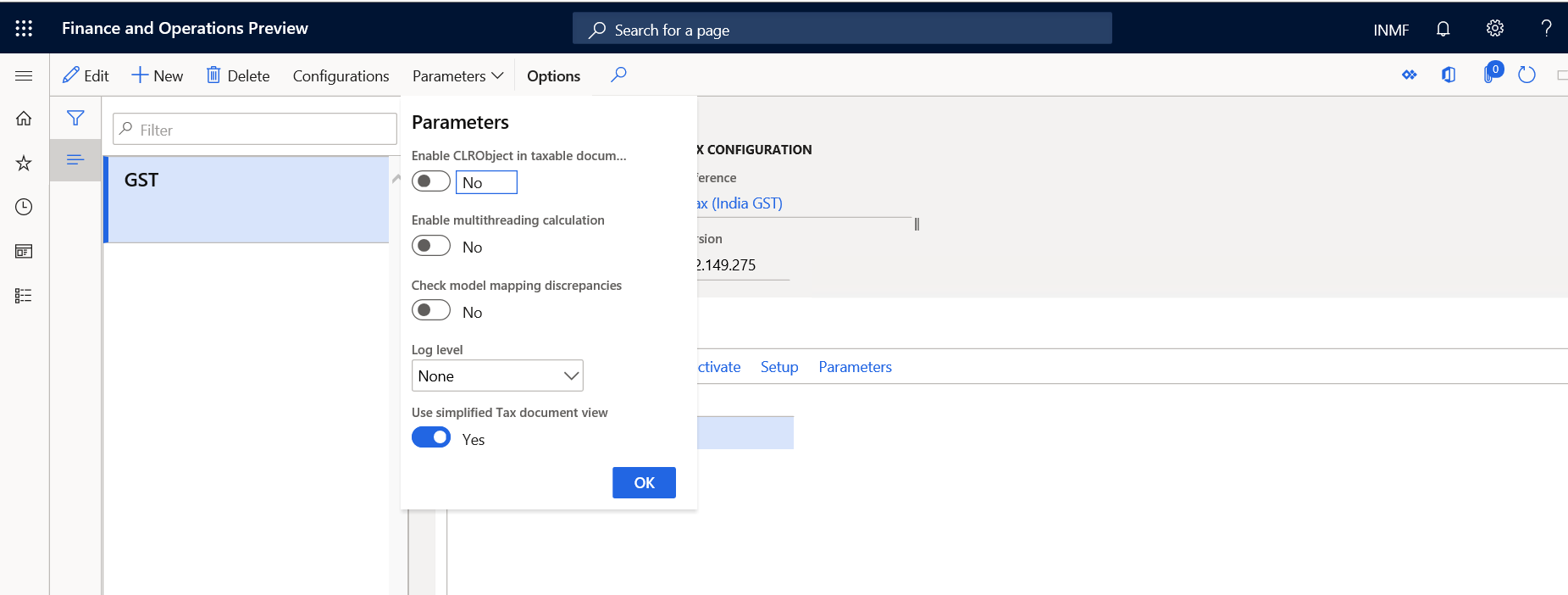 Tax parameters setup.