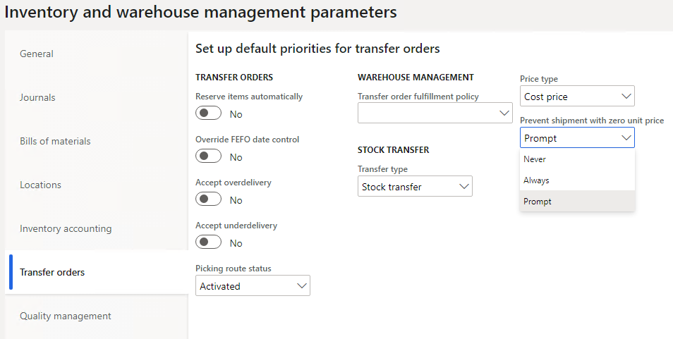Inventory management parameters page, Transfer orders tab.