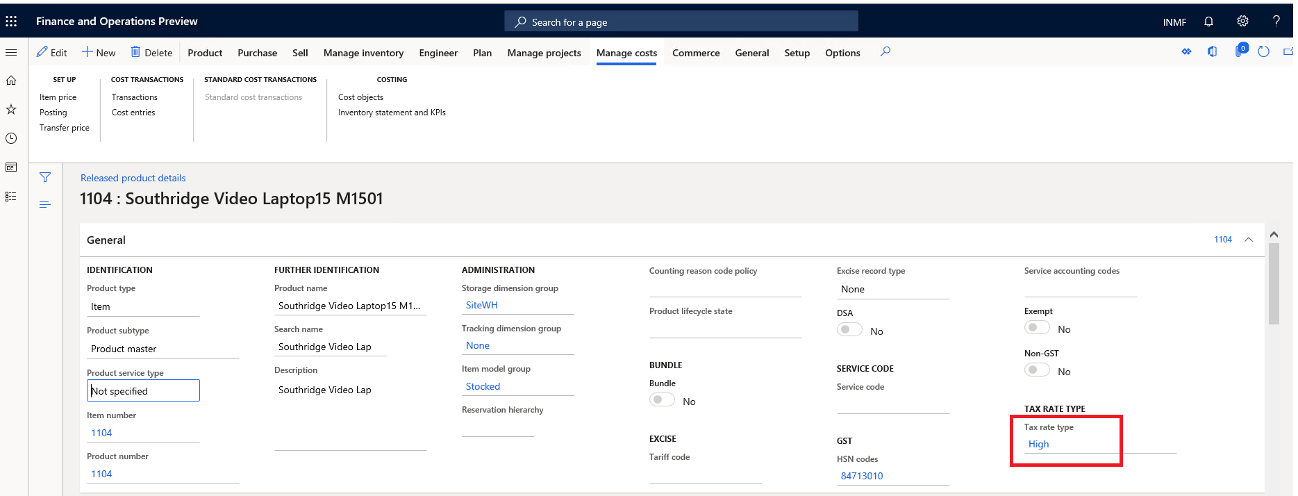 Released product details, Tax rate type.