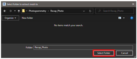 Sélectionnez le dossier dans lequel extraire le maillage vers la boîte de dialogue avec le bouton Sélectionner le dossier sélectionné.