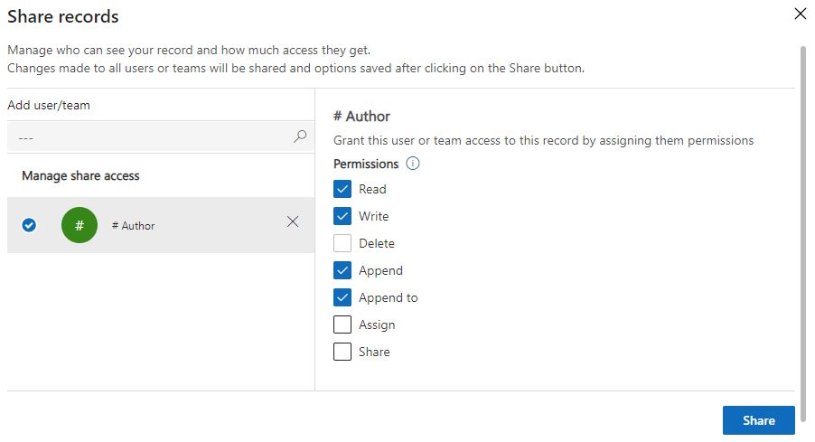 Capture d’écran montrant Gérer l’accès au partage pour sélectionner les autorisations permettant de partager un guide.