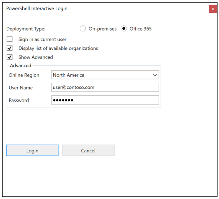 Boîte de dialogue de connexion interactive PowerShell configurée pour l’environnement de destination.