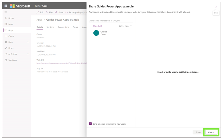 Capture d’écran du bouton Annuler dans la boîte de dialogue d’exemple de partage de guides Power Apps .