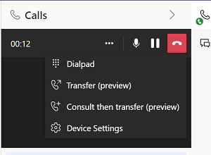 Capture d’écran montrant les options de transfert d’appel, y compris Transférer (version préliminaire).