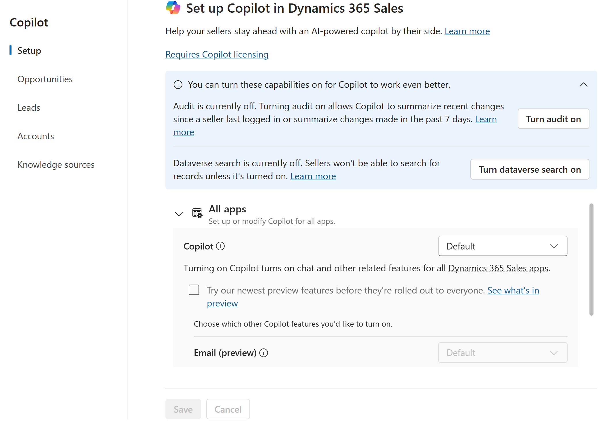 Capture d’écran de la page Nouveaux paramètres dans le Centre des ventes Dynamics 365.