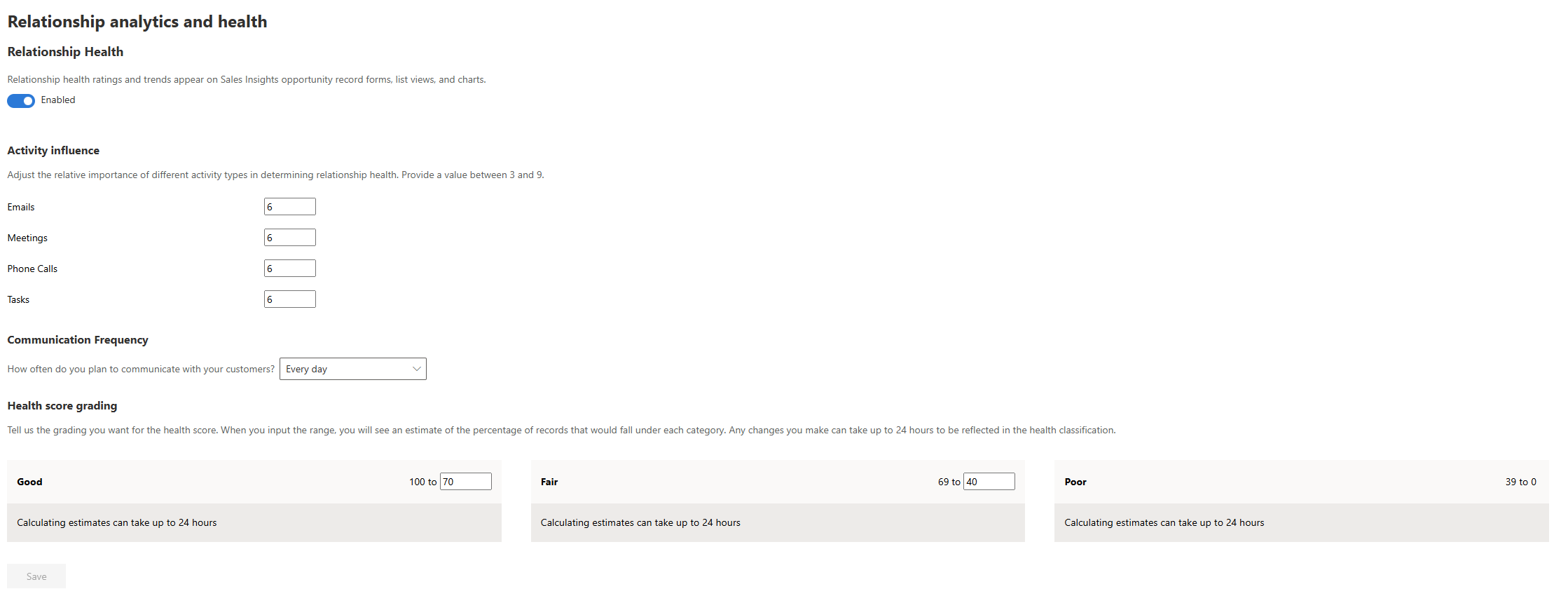 Capture d’écran de la page Paramètres d’analyse des relations et de santé.