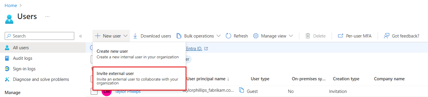 Capture d’écran montrant l’endroit où sélectionner l’option Nouvel utilisateur invité.