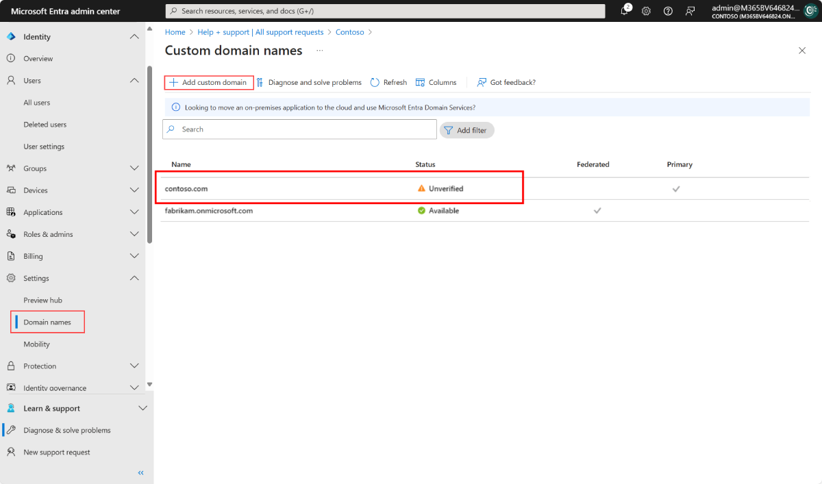 Capture d’écran de la page Fabrikam – Noms de domaine personnalisés Contoso mis en évidence.