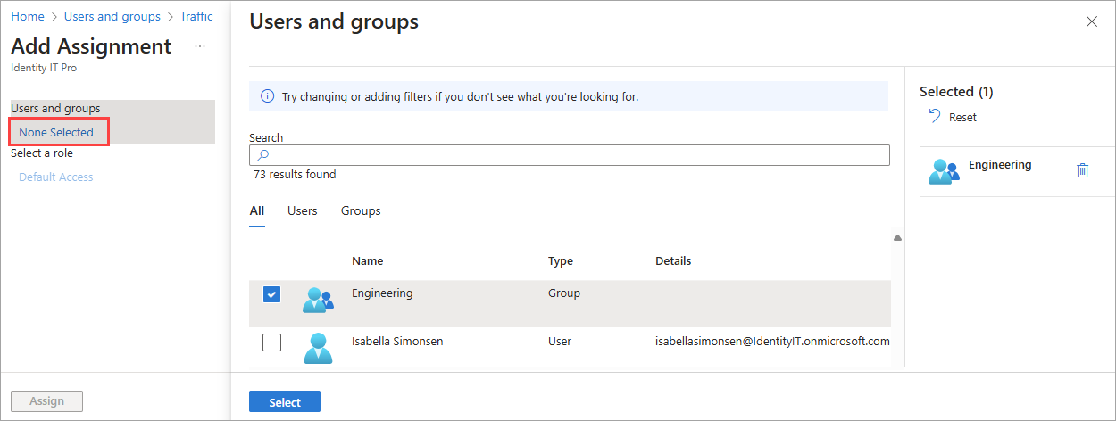 Capture d’écran du processus de sélection utilisateur/groupe avec le lien Aucun sélectionné mis en surbrillance.