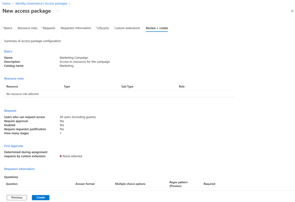 Capture d’écran représentant un résumé de la configuration du package d’accès.