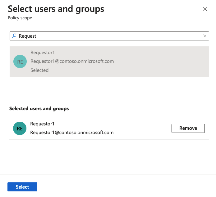 Capture d’écran du volet Sélectionner des utilisateurs et des groupes.