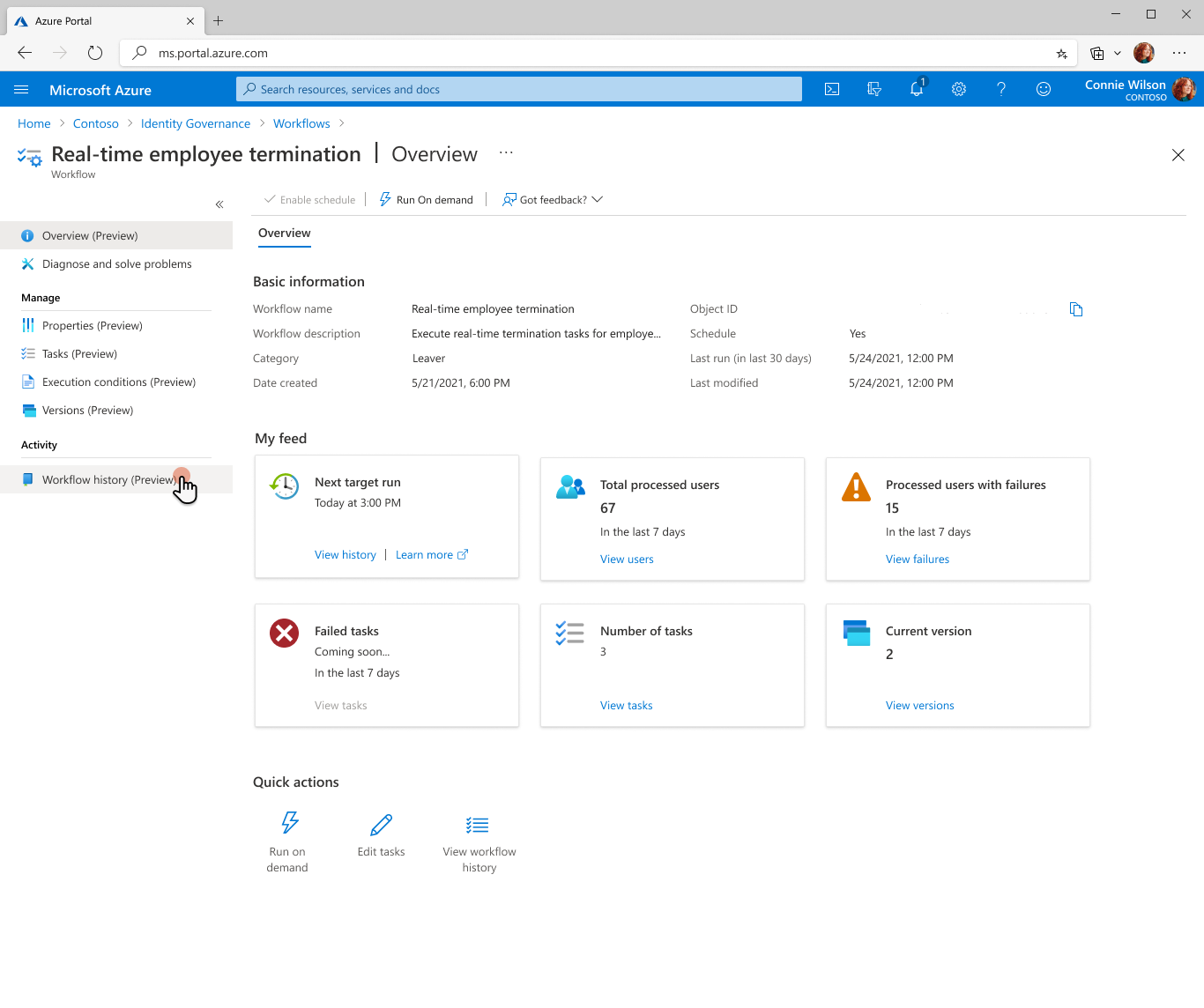 Capture d’écran de la page de vue d’ensemble du workflow.