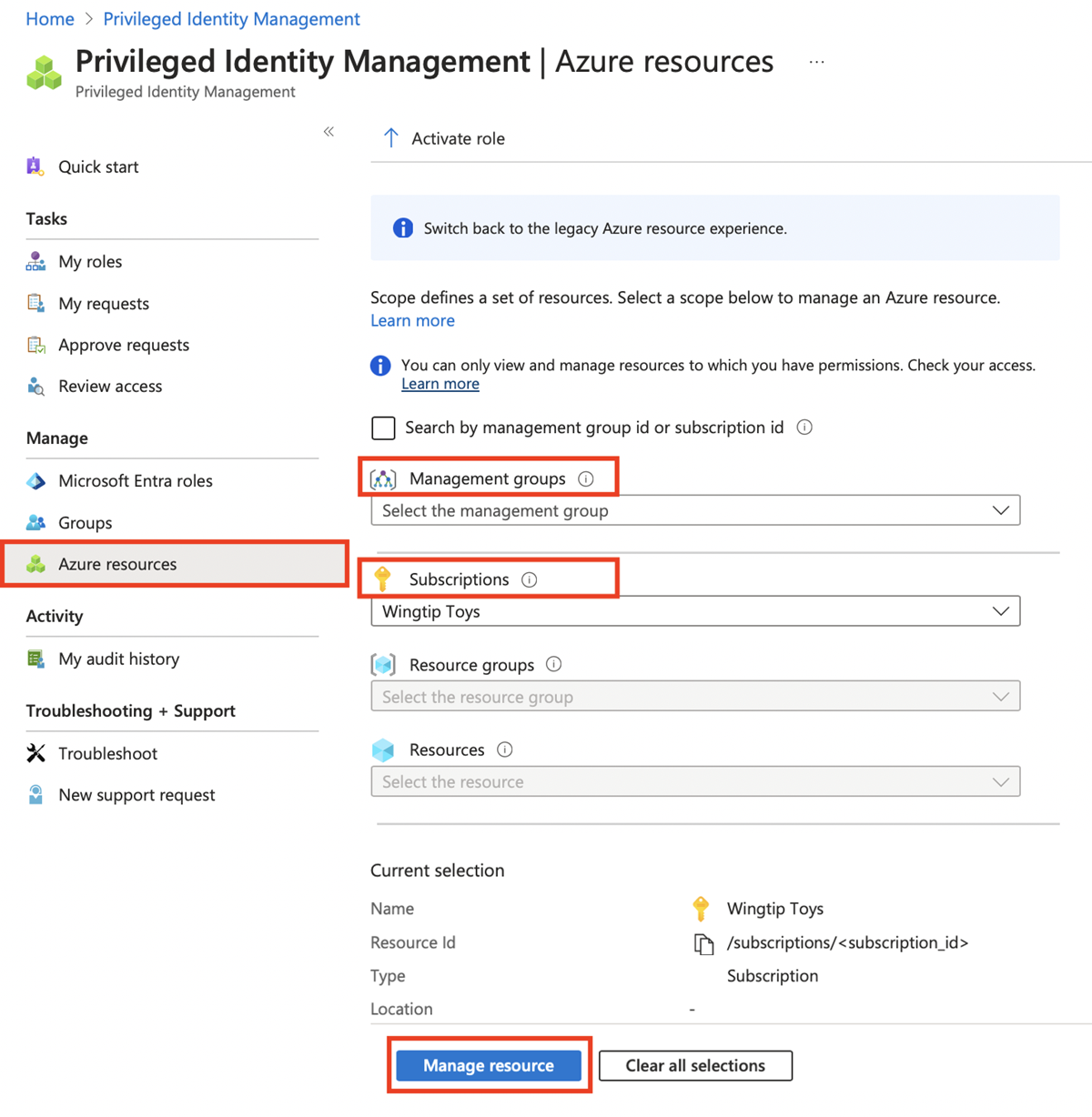 Capture d'écran montrant la liste des ressources Azure découvertes dans Privileged Identity Management.