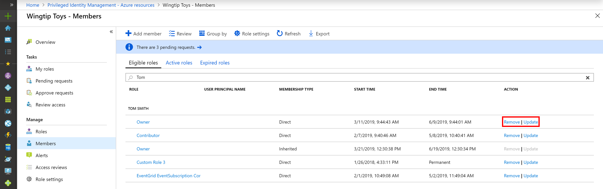 Capture d’écran de ressources Azure : page des attributions répertoriant les rôles éligibles avec des liens d’extension.