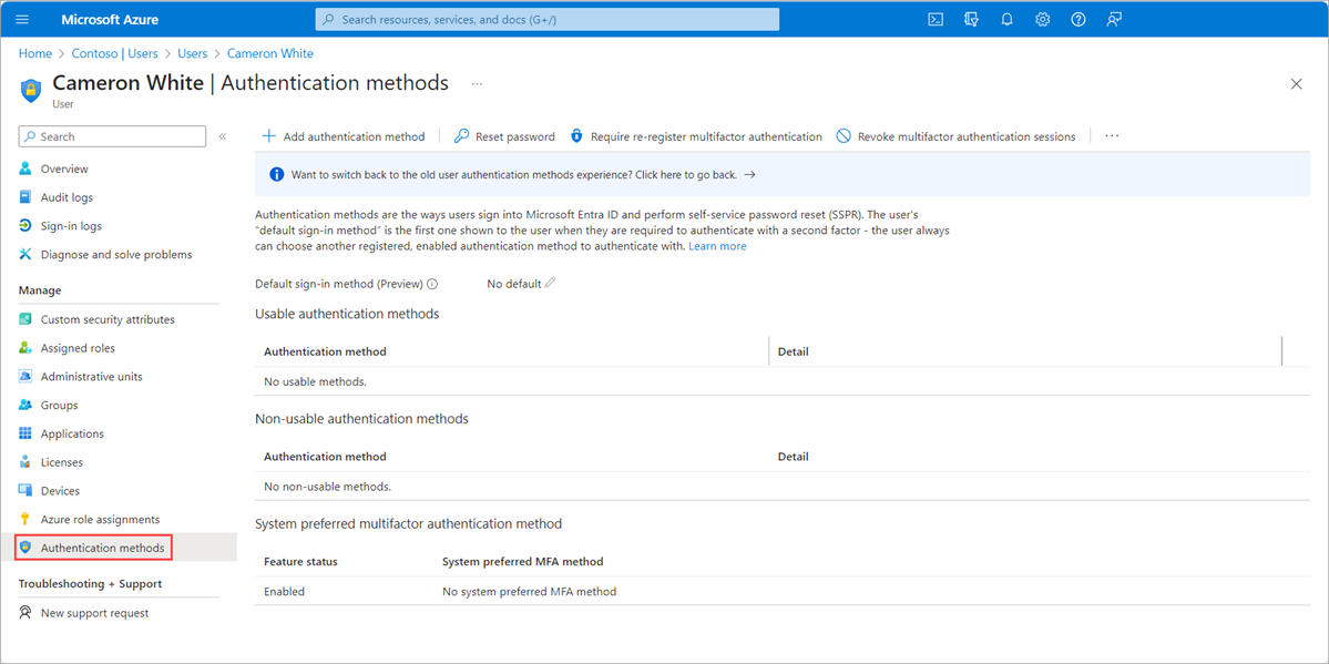 Capture d’écran du centre d’administration Microsoft Entra montrant les méthodes d’authentification avec un numéro de téléphone renseigné