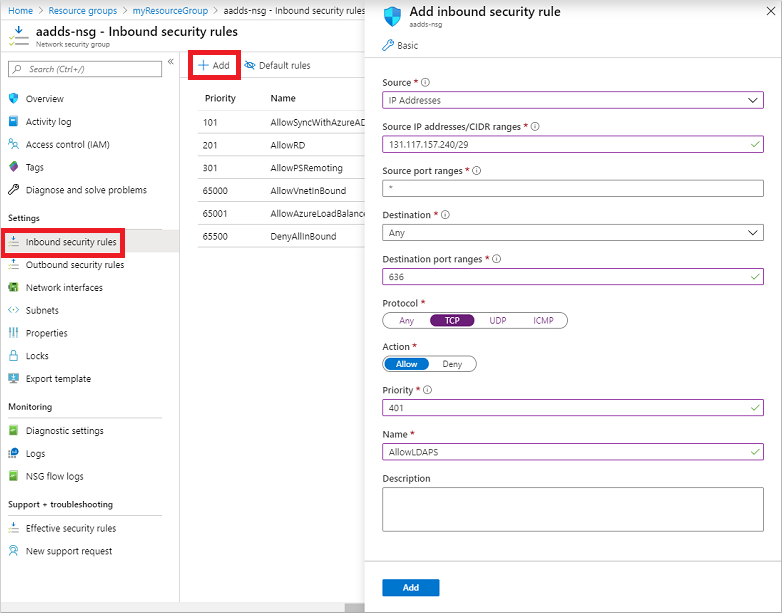 Créer une règle de groupe de sécurité réseau pour sécuriser l’accès LDAP sécurisé via Internet