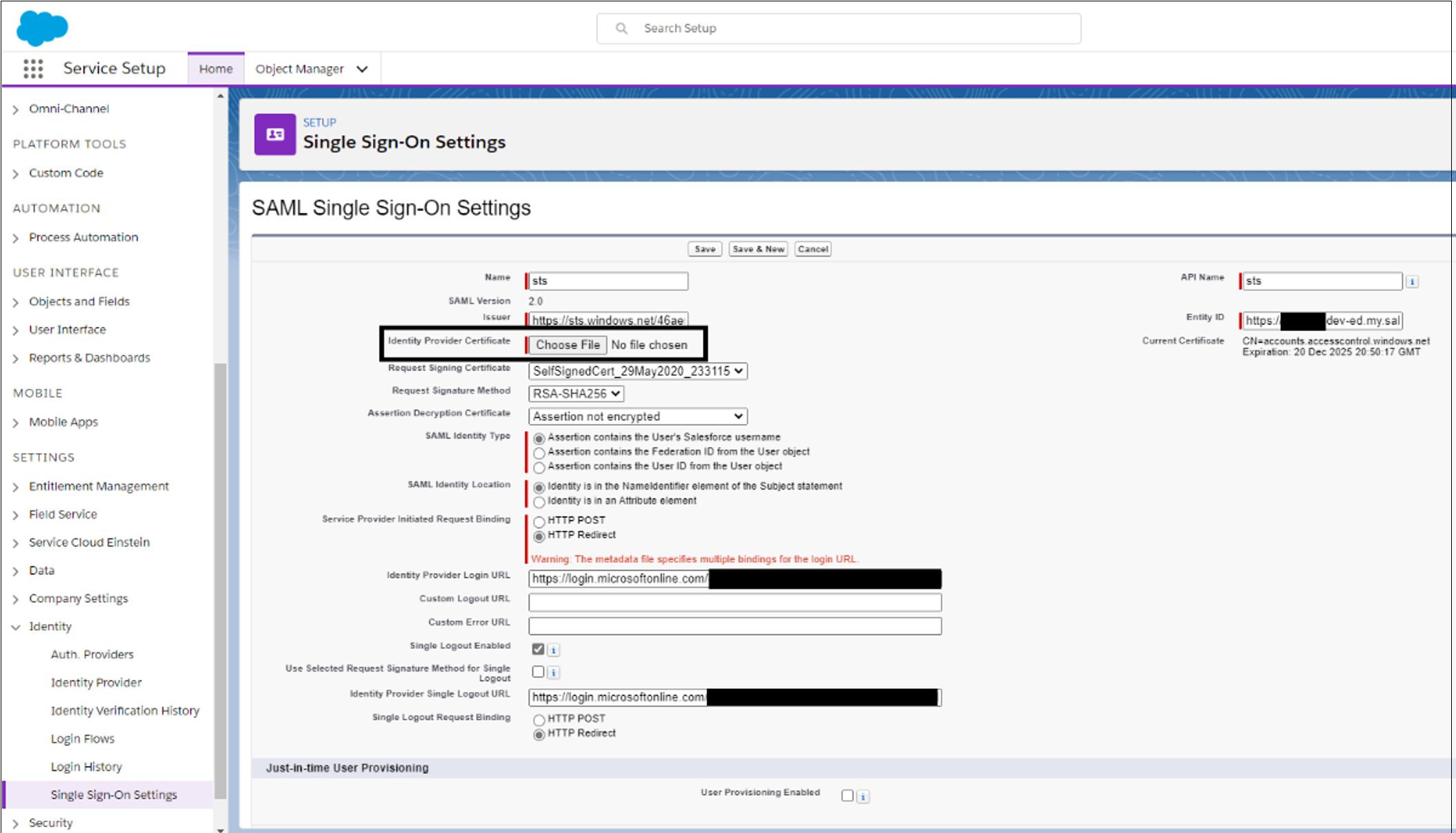 Capture d’écran de l’entrée Identity Provider Certificate (Certificat du fournisseur d’identité) sous Authentification unique SAML.