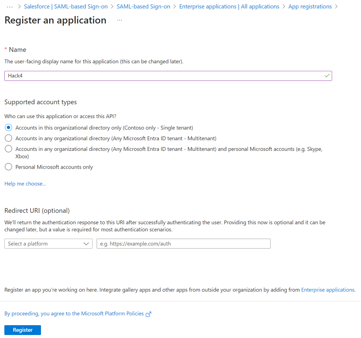 Capture d'écran de l'option Comptes dans n'importe quel répertoire organisationnel (N'importe quel répertoire Microsoft Entra – Multitenant).