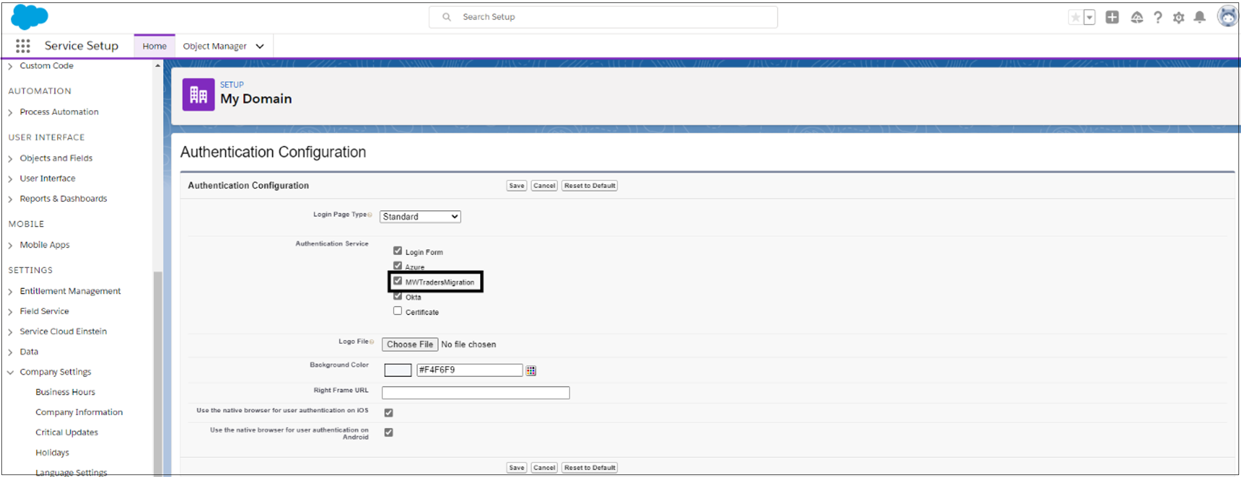 Capture d’écran des options du service d’authentification sous Configuration de l’authentification.