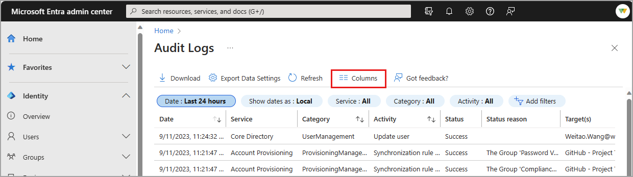 Capture d’écran du bouton Colonnes sur les journaux d’audit.