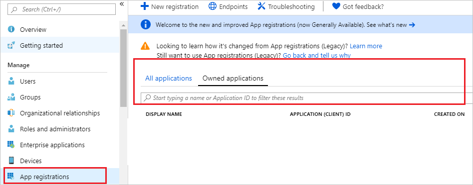 Capture d’écran montrant l’élément « Inscriptions d’applications » sélectionné dans le menu de gauche, et la zone de recherche d’« ID d’application » mise en évidence.