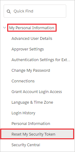 Capture d’écran montrant Réinitialiser mon jeton de sécurité sélectionné à partir de Mes informations personnelles.