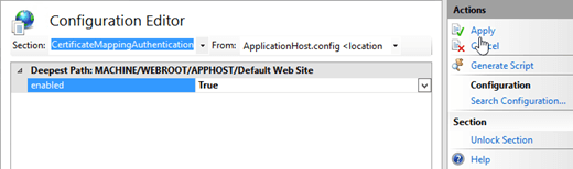 Activez la valeur clientCertificateMappingAuthentication dans l’Éditeur de configuration dans IIS pour le répertoire virtuel owa.