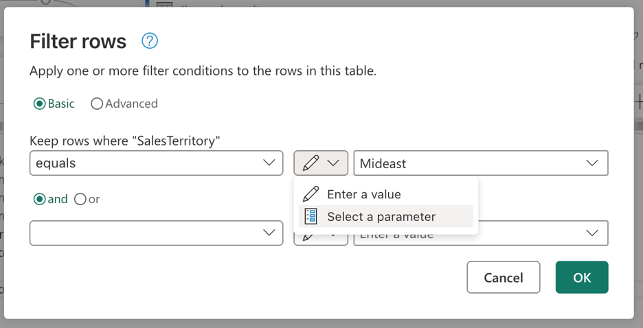 Capture d’écran du widget d’entrée dans la boîte de dialogue filtrer les lignes avec l’option permettant de référencer un paramètre.