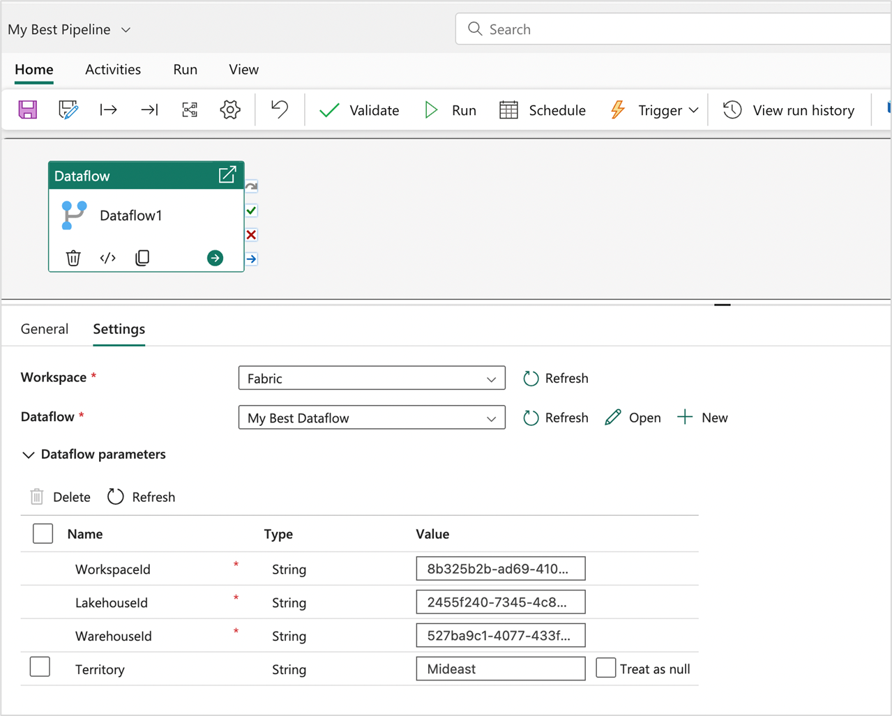 Capture d’écran de l’activité Dataflow avec des paramètres à l’intérieur d’un pipeline.