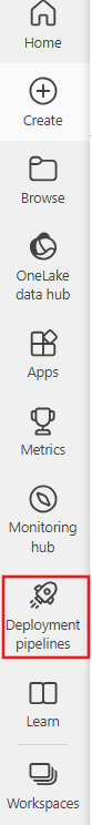 Capture d’écran montrant où sélectionner le bouton Pipelines de déploiement sur le navigateur d’applications à gauche pour Fabric.