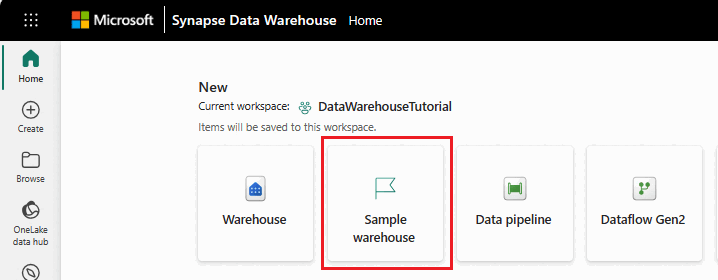 Capture d'écran montrant la carte Warehouse sample (Exemple d’entrepôt) dans le hub Home (Accueil).