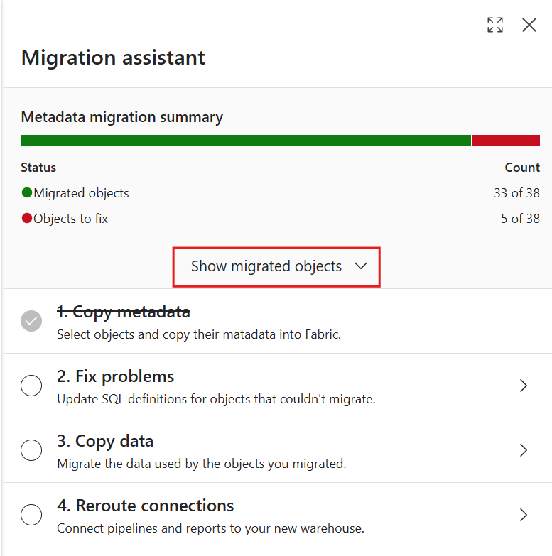 Capture d’écran du portail Fabric du résumé de la migration des métadonnées de l’Assistant Migration. L’option Afficher les objets migrés est mise en surbrillance.